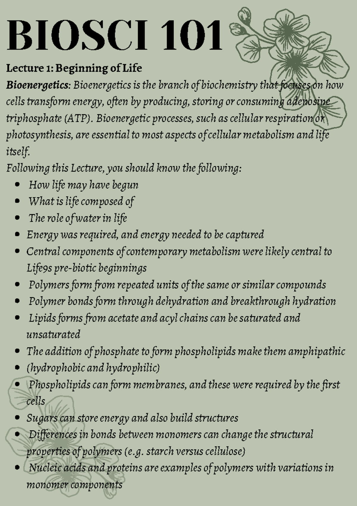 Biosci 101: Lecture Notes on Origins of Life and Genetics Concepts ...