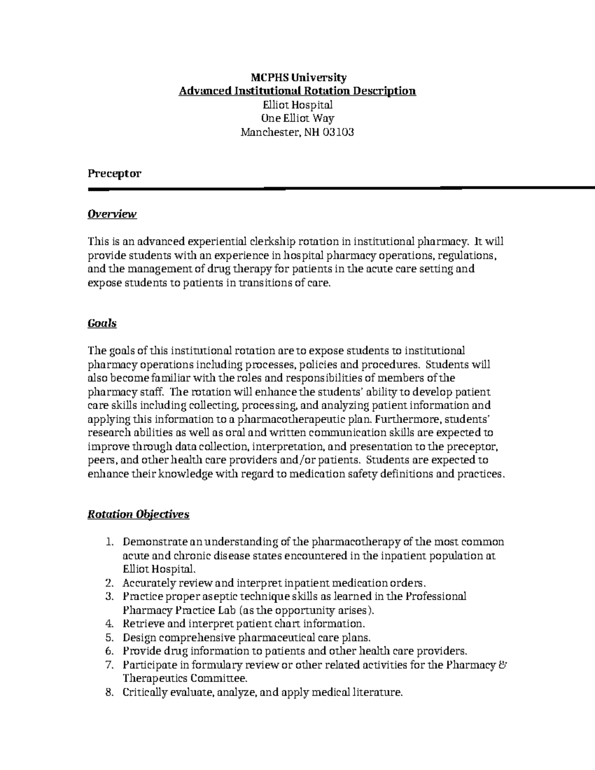 MCPHS Advanced Institutional Rotation Syllabus - Elliot Hospital 2021 ...
