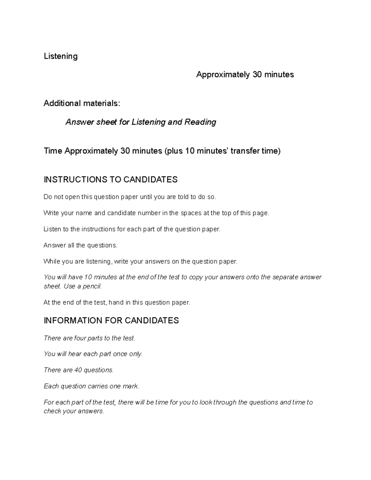 Test 10L Vol3 - Listening & Reading Exam Instructions and Notes - Studocu
