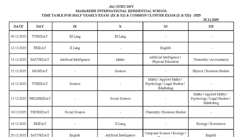 HALF Yearly Exam Schedule for Classes IX to XII (2025) - Studocu
