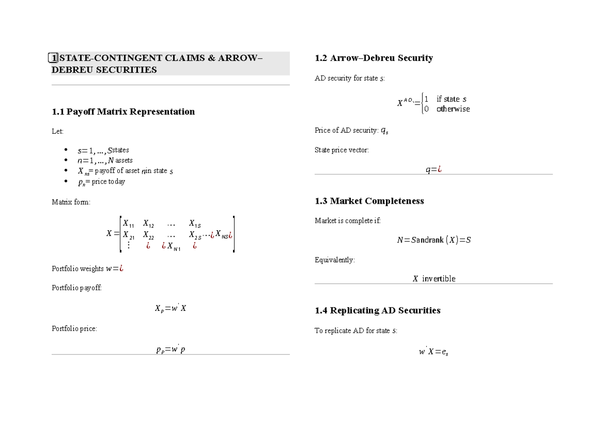 CLAIMS DEBREU SECURITIES: Key Formulas and Concepts - Studocu