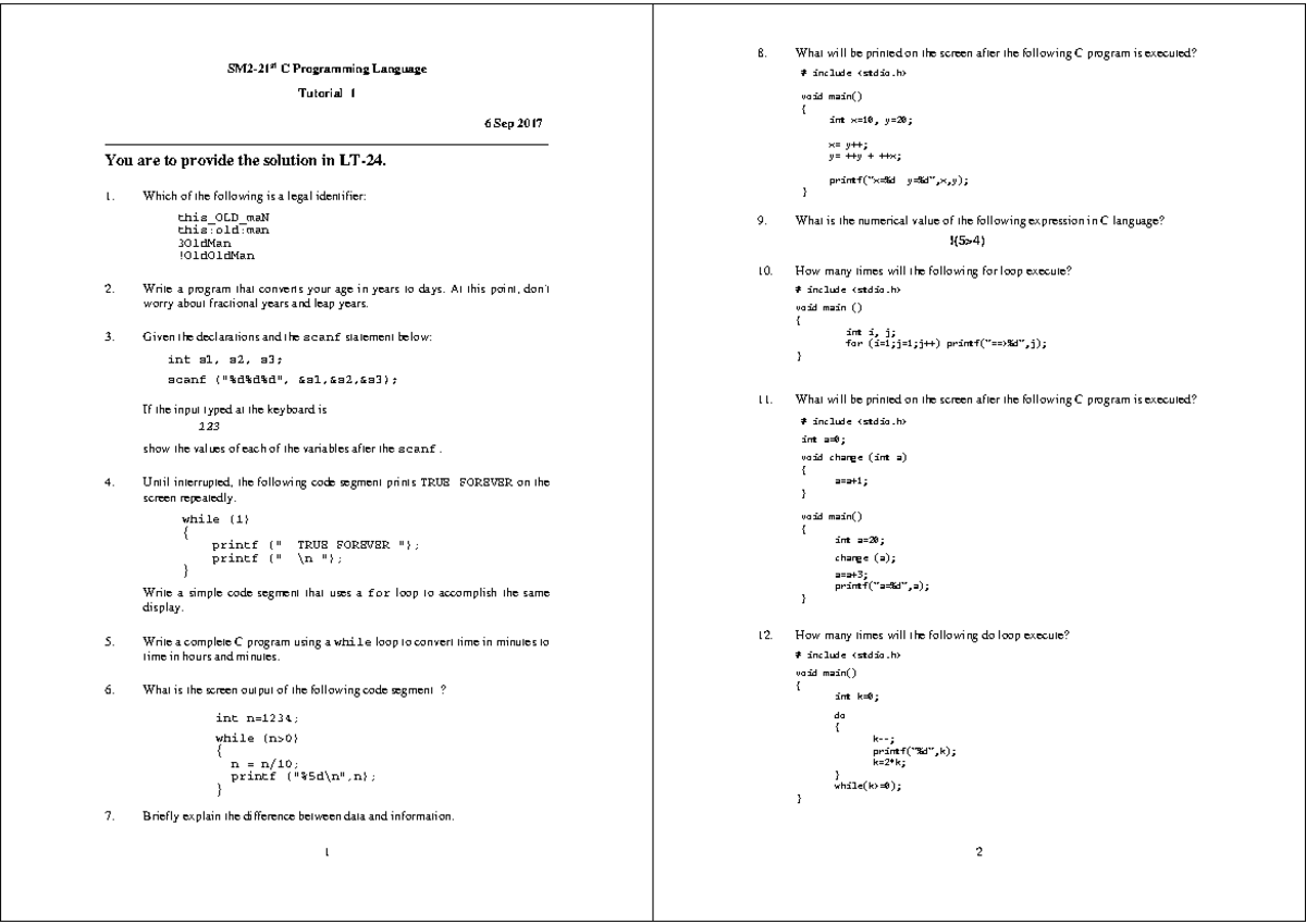 SM2-21st C Programming Tutorial 1: Exercises and Code Solutions - Studocu