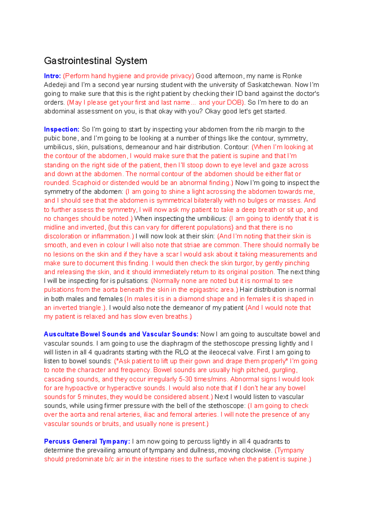 203 OSCE Script: Comprehensive Assessment Techniques in Nursing - Studocu
