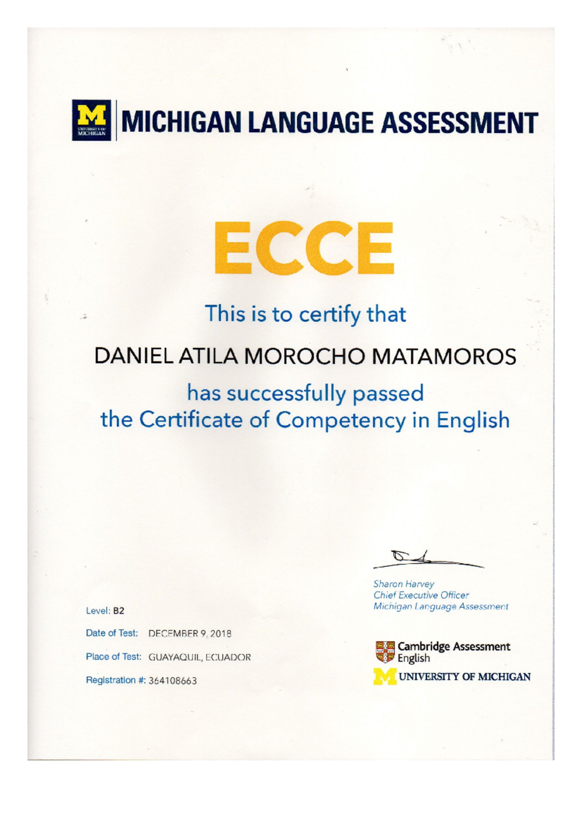 ECCE B2 Certification - Daniel Atila Morocho Matamoros - Studocu