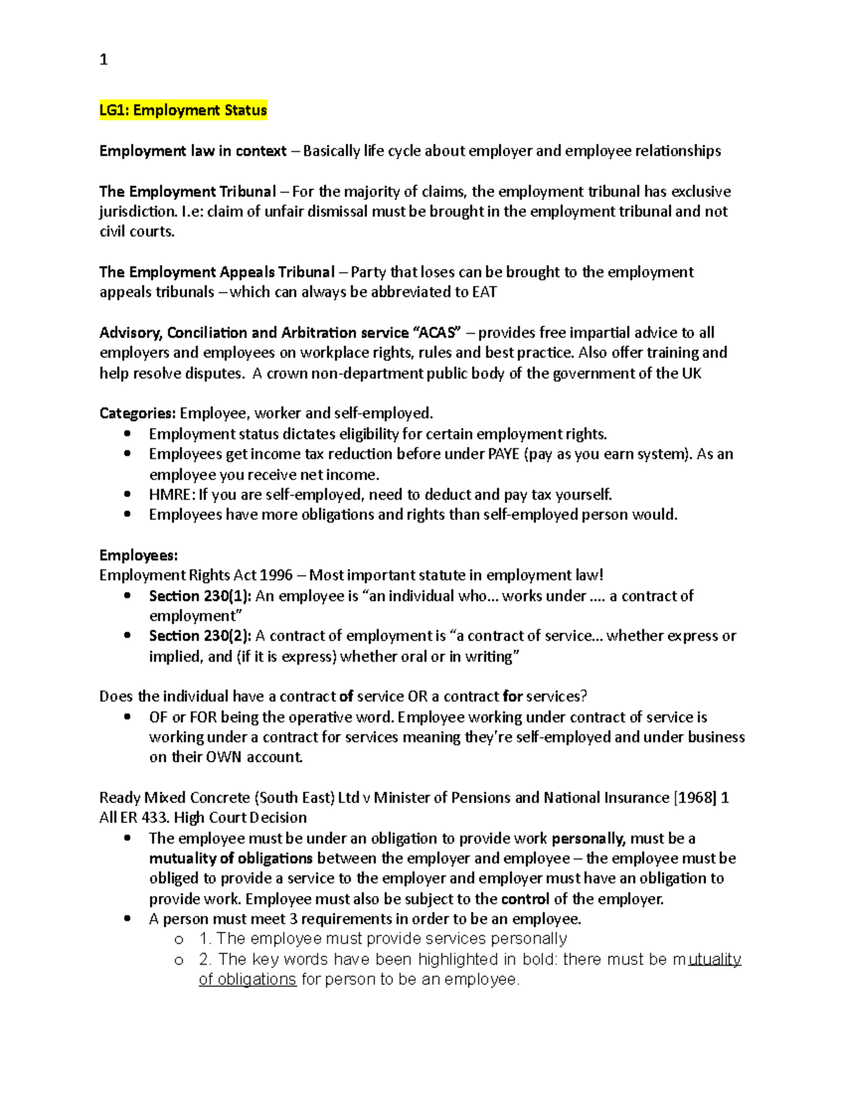 LG1: Employment Law Exam Notes - Understanding Employment Status ...