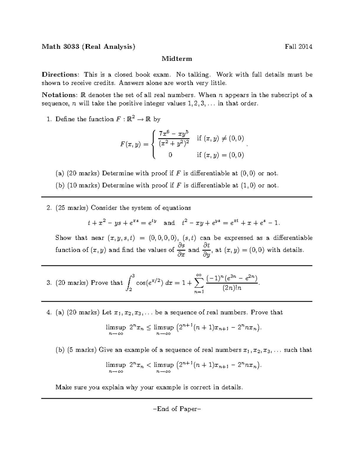Math 3033: Real Analysis Fall 2014 Midterm Exam Answers and Problems ...