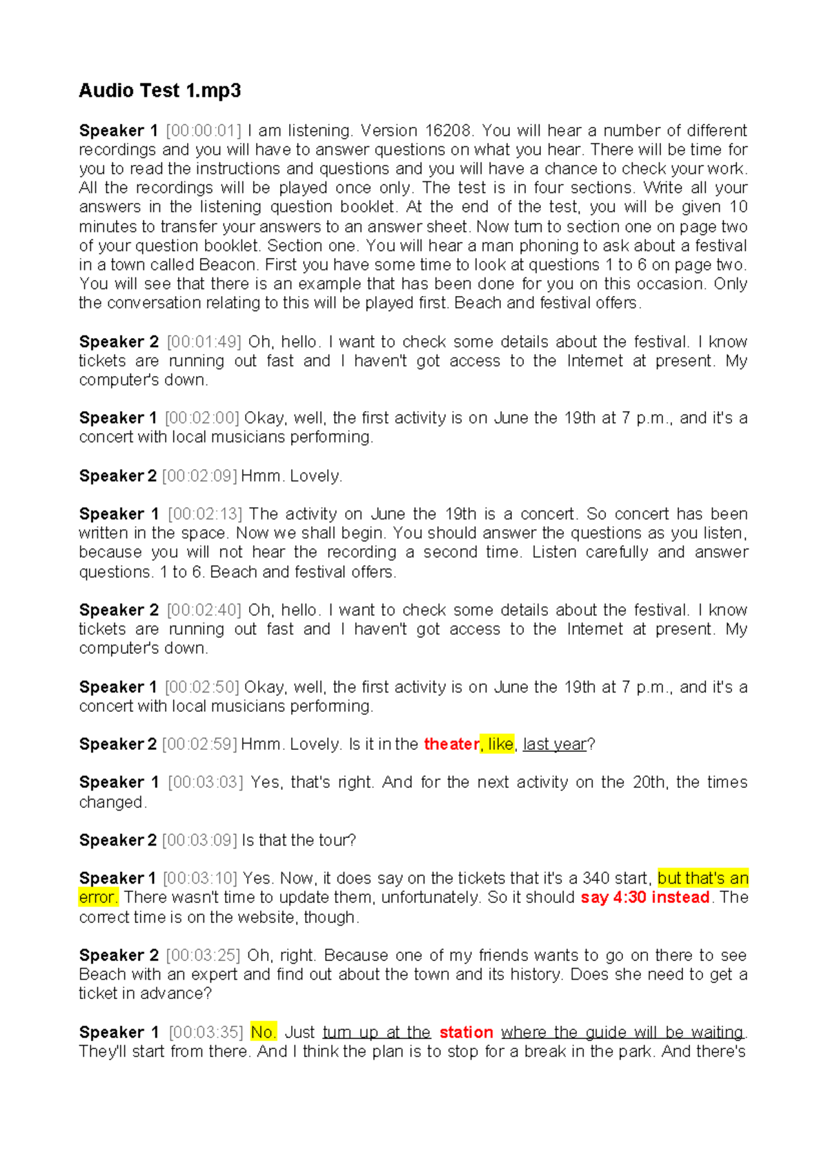 Listening Test 1: Audio Transcript for Assessment - Studocu