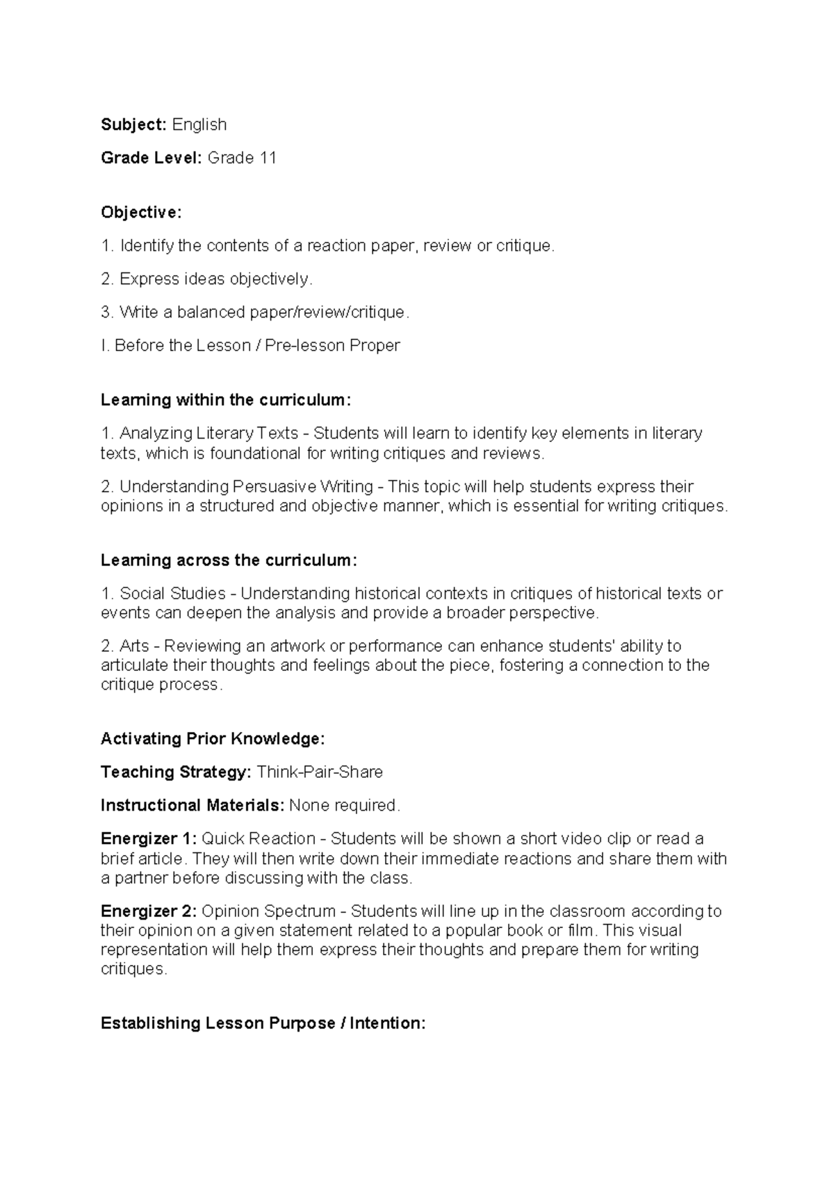 Lesson Plan: Writing Reaction Papers & Critiques for Eng 11 - Studocu