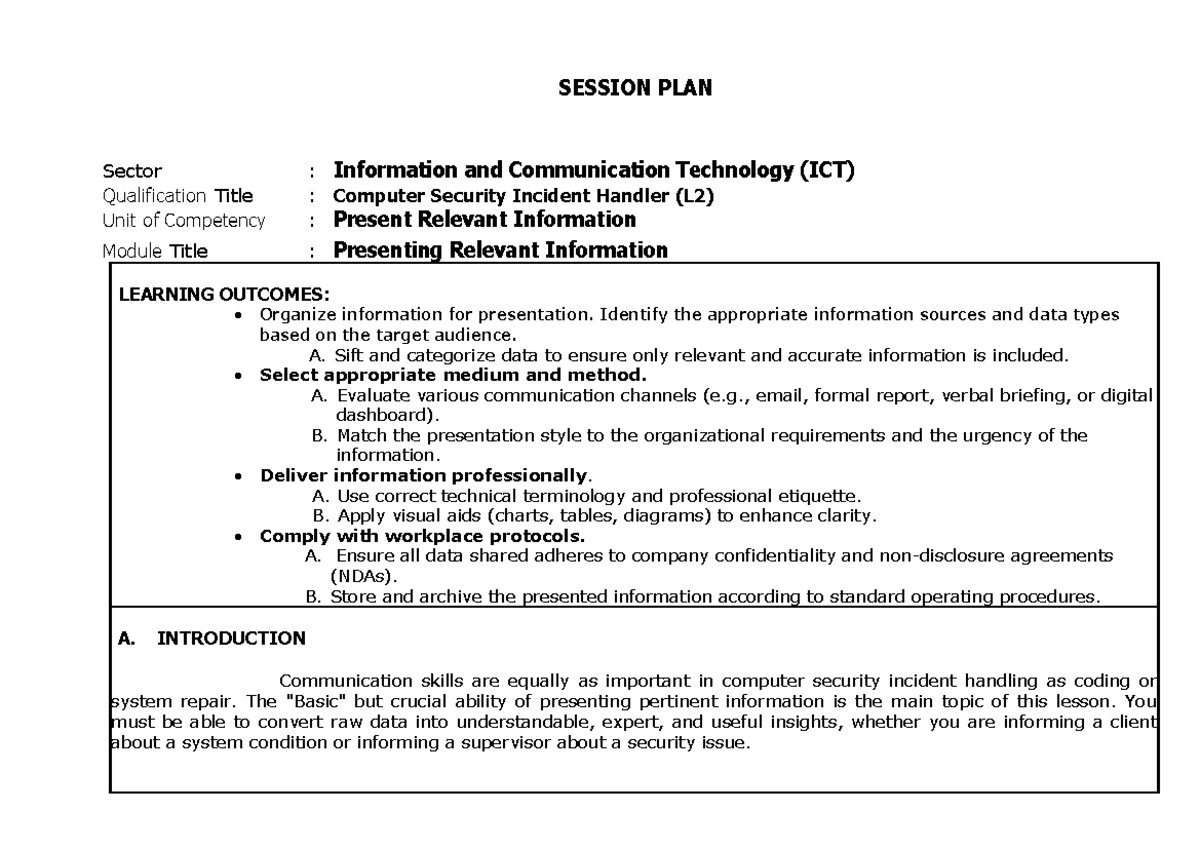 Session Plan: ICT Computer Security Incident Handling (L2) - Studocu