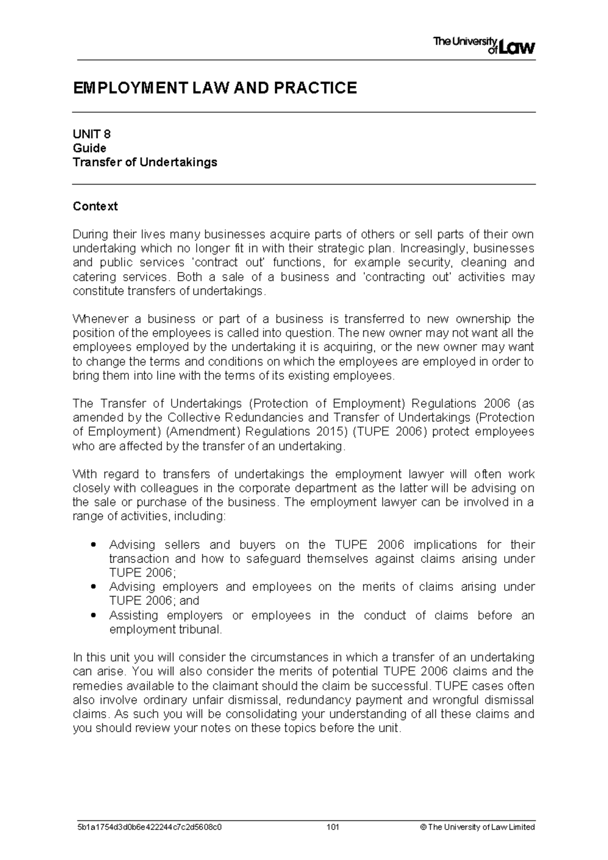 Employment Law Workshop 8: TUPE and Business Transfers Guide - Studocu
