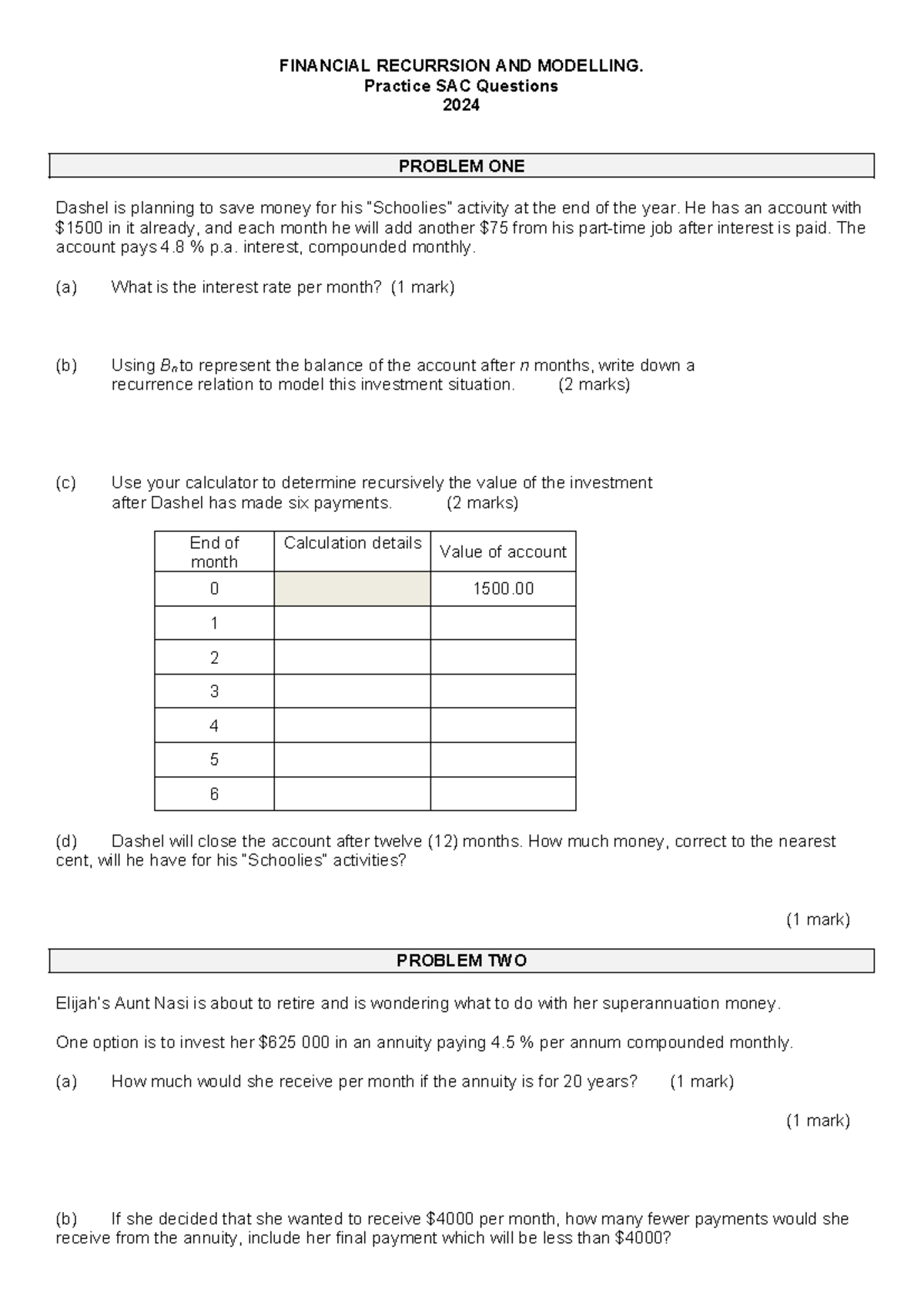 Financial Recursion & Modelling: Practice SAC Questions 2024 - Studocu