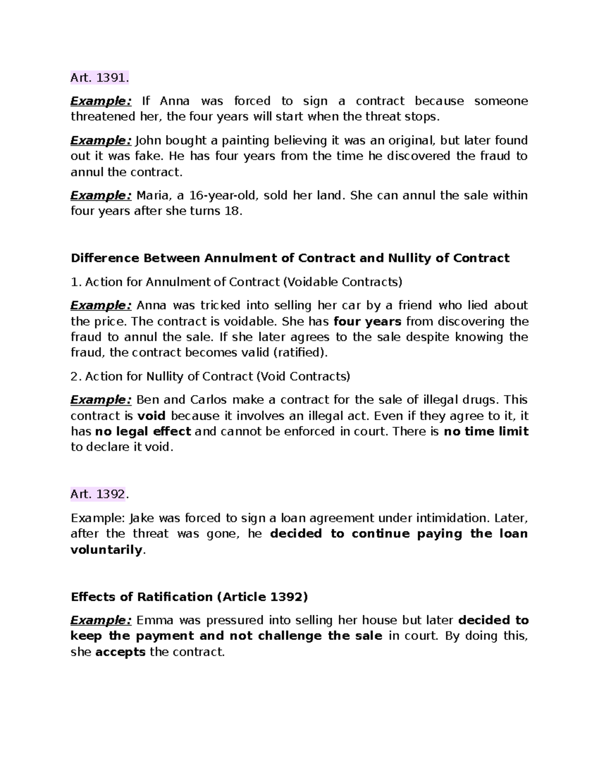 Art. 1391-1392: Annulment vs. Nullity of Contracts Explained - Studocu