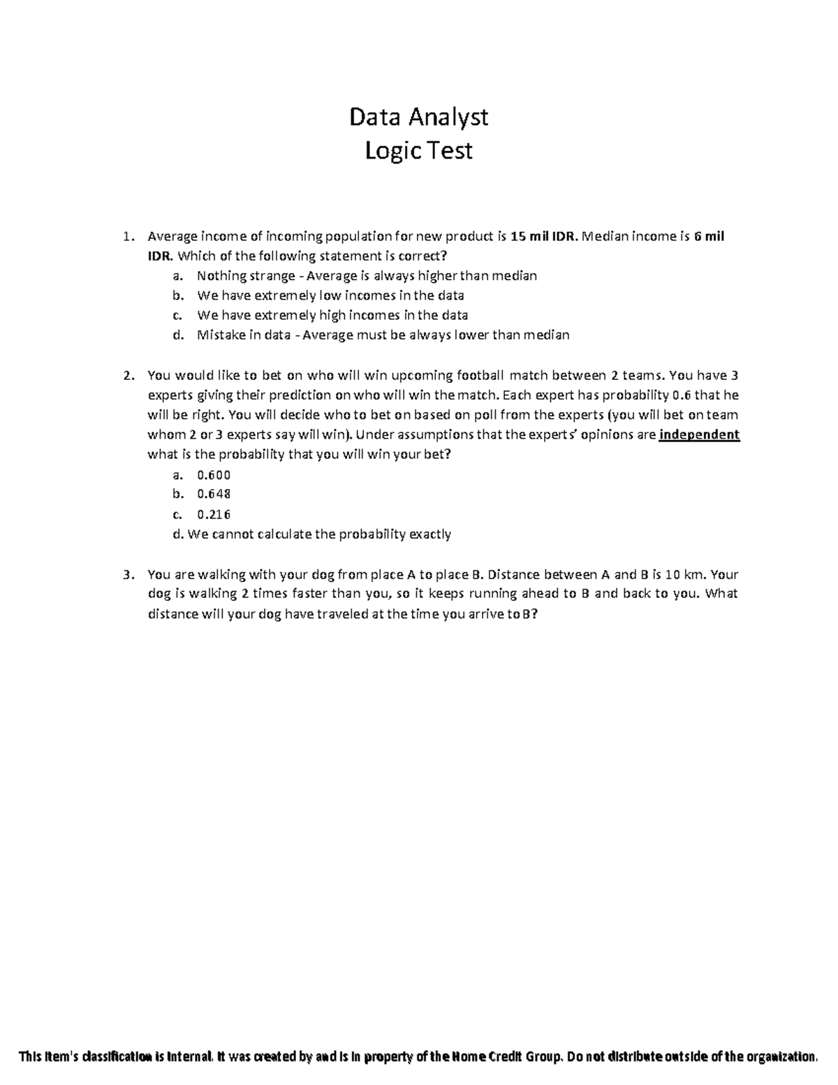 Soal - Logic Test for Data Analyst Evaluation - Studocu
