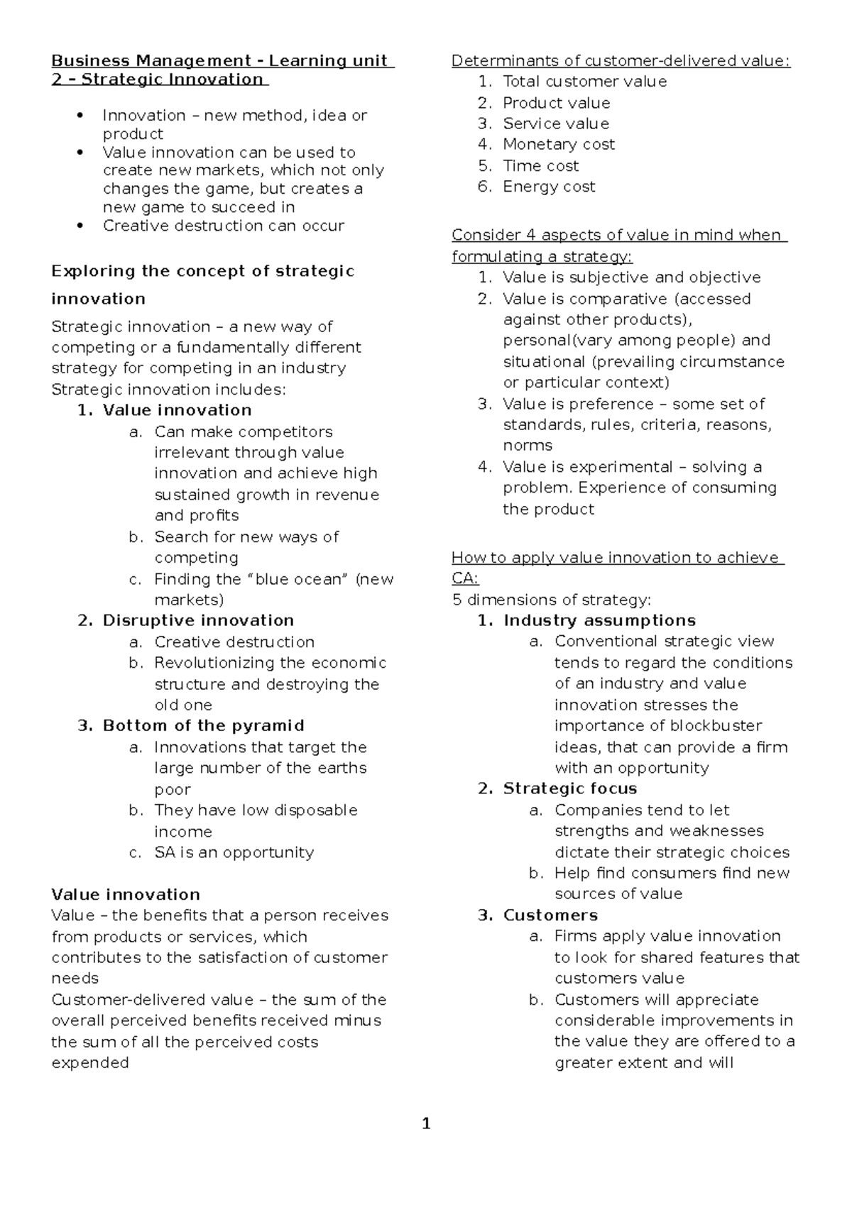 Strategic Innovation Insights - Business Management Unit 2 Notes - Studocu