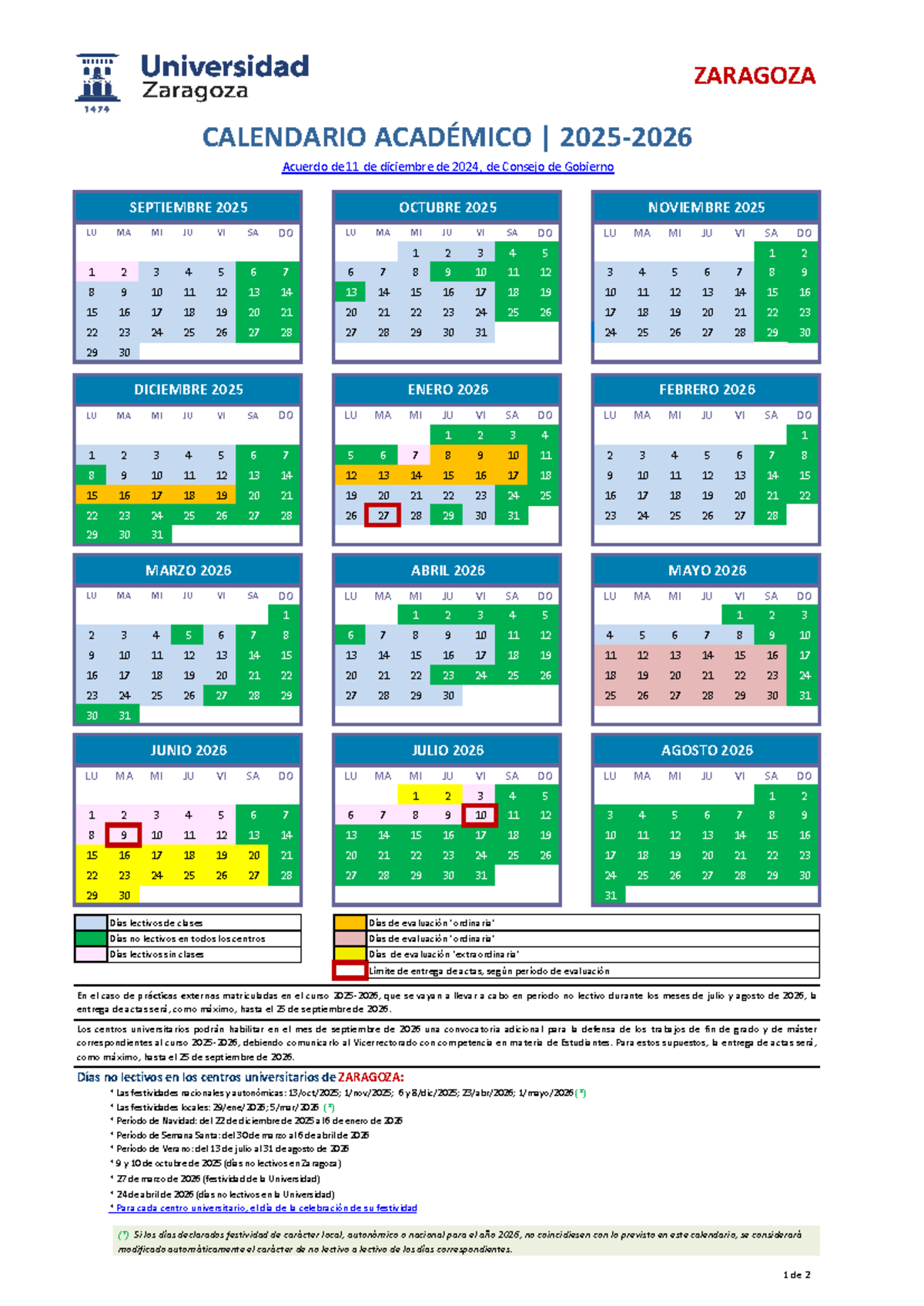 Calendario academico zaragoza