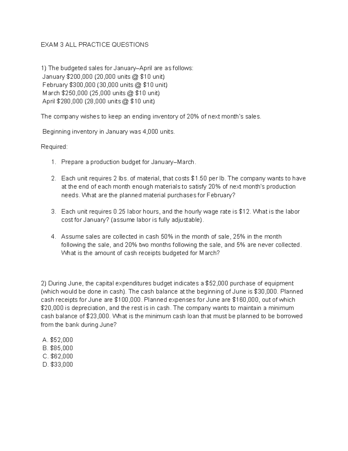 EXAM 3 Practice Questions - Budgeting and Variance Analysis - Studocu