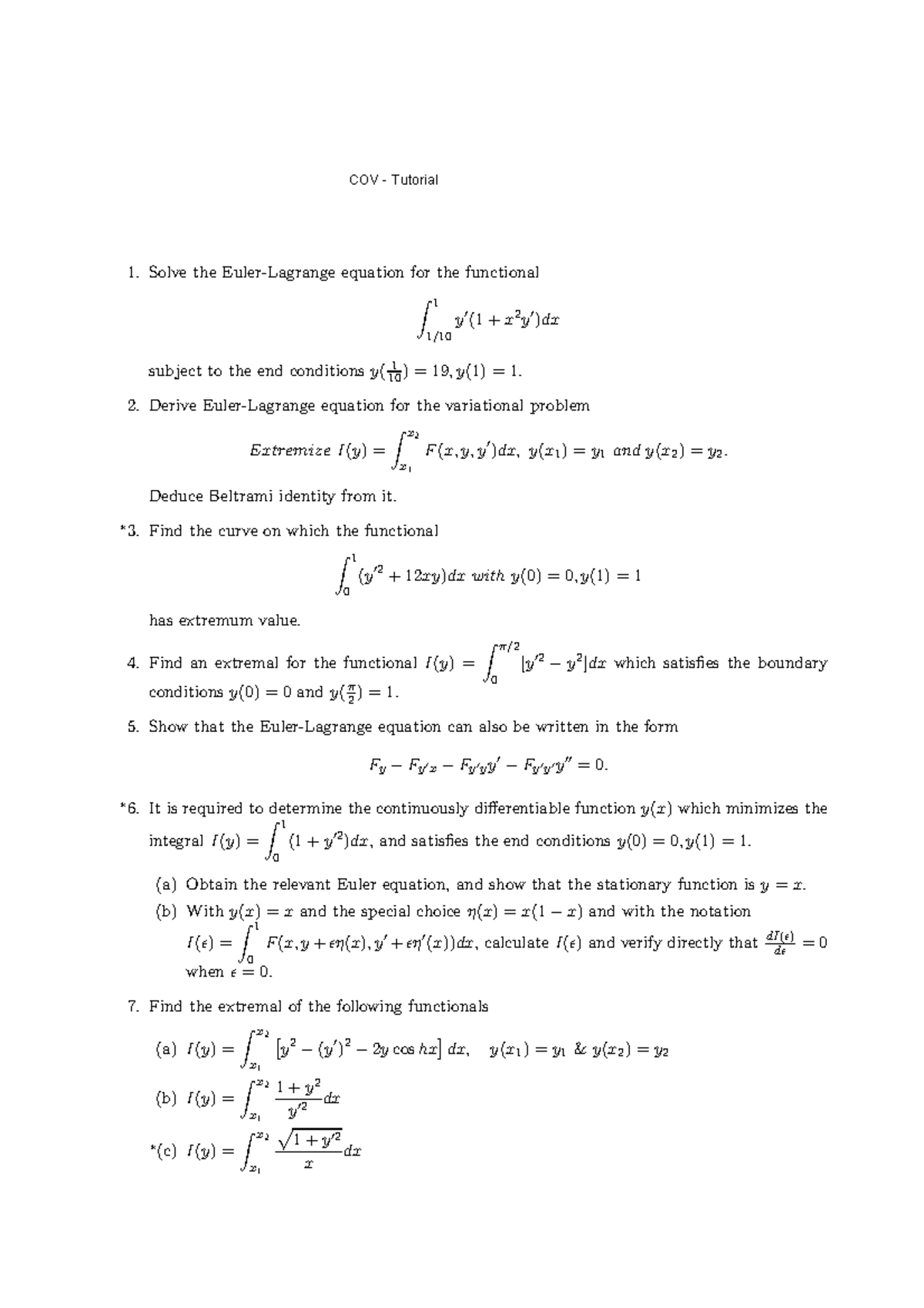 Tutorials-COV: Assignment on Variational Problems and Extremals - Studocu