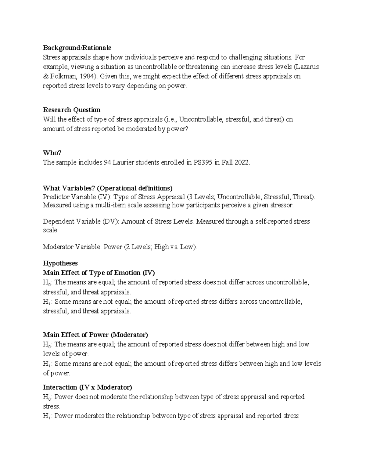 PS395 A5 - Summary of Stress Appraisal Assignment Analysis - Studocu