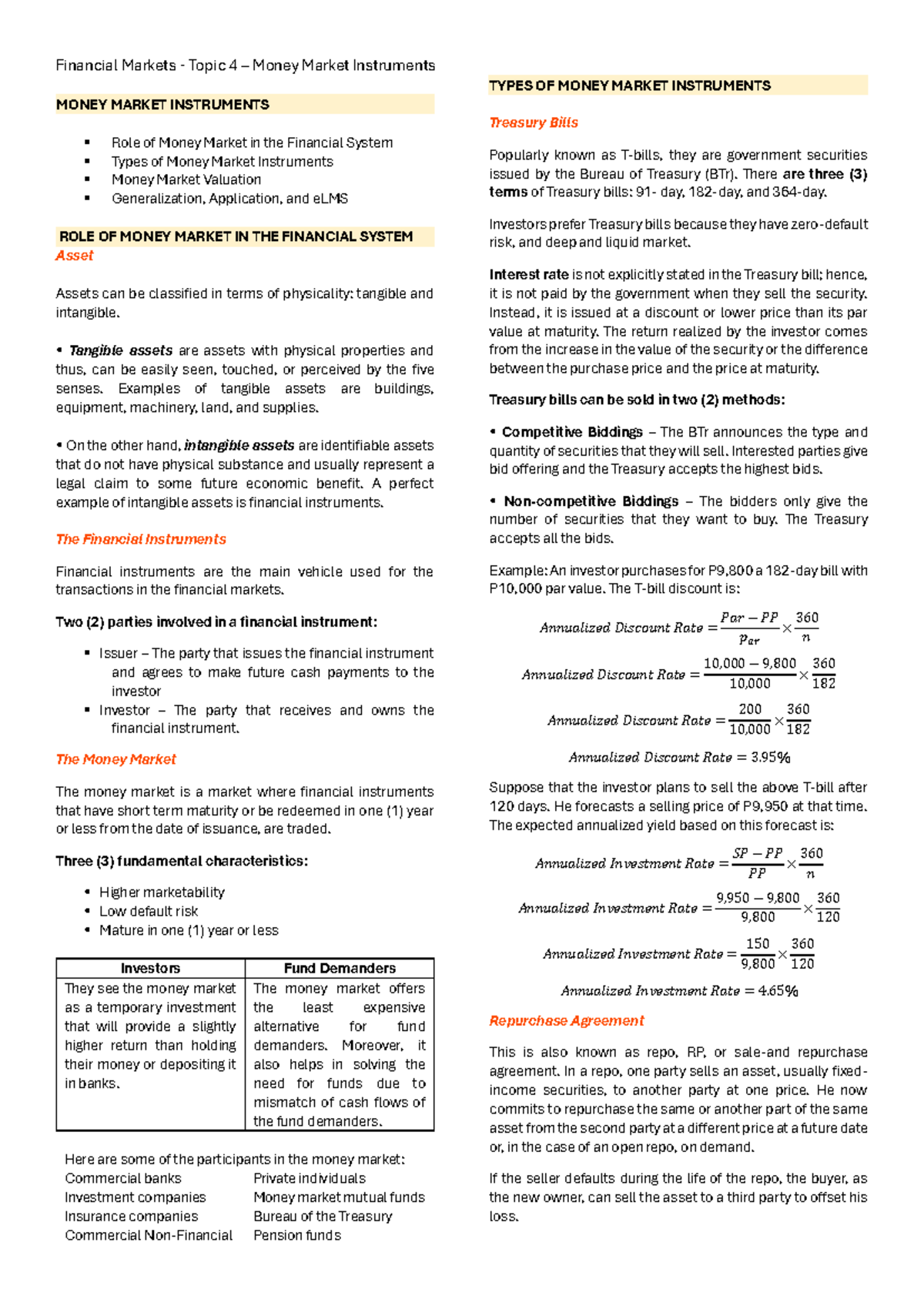 Financial Markets Topic 4: Money Market Instruments Overview - Studocu