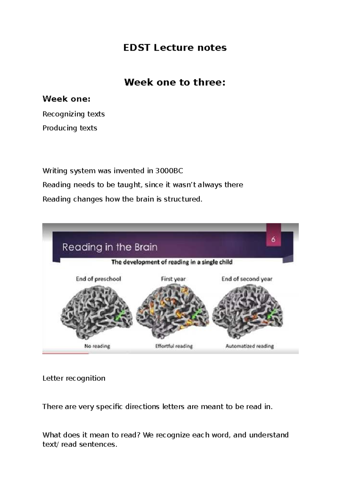 EDST Lecture Notes: Weeks 1-3 on Reading and Phonological Awareness ...