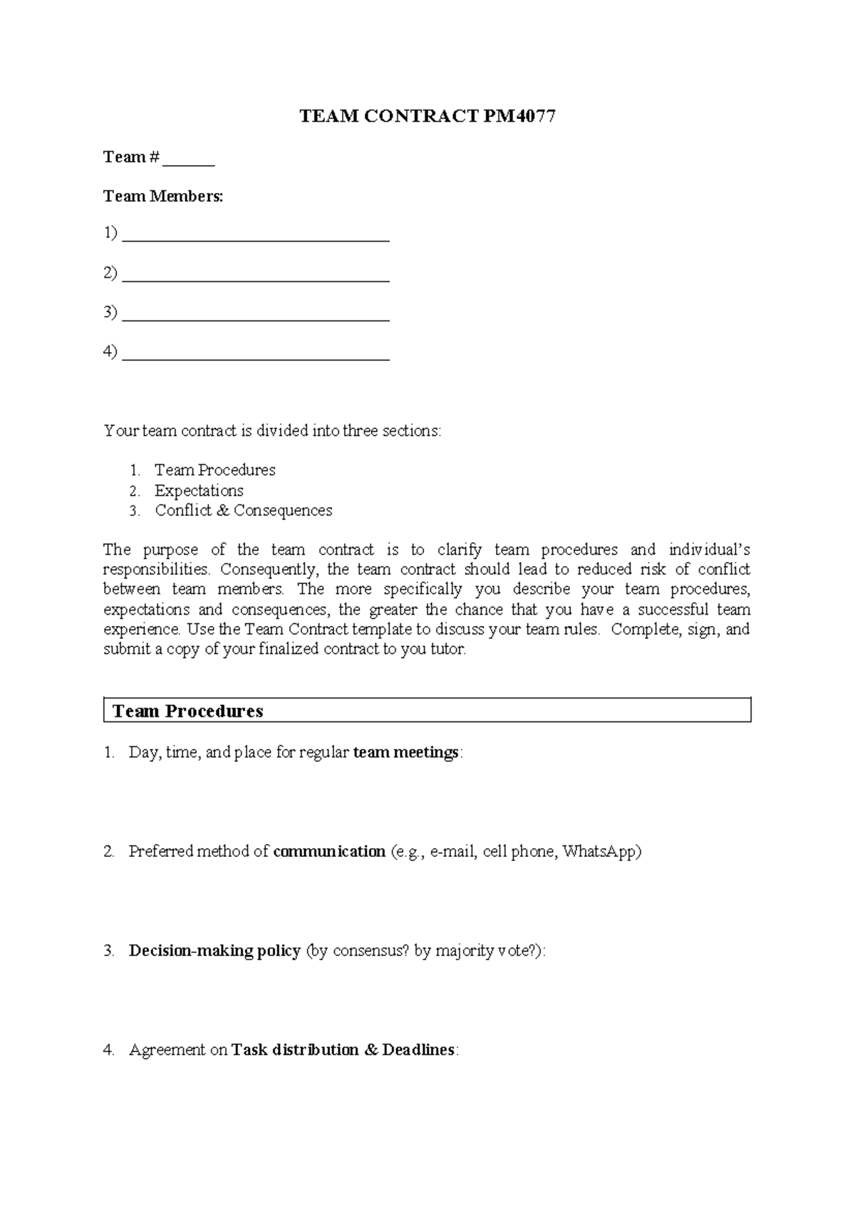 PM4067 Team Contract - TEAM CONTRACT PM Team # ______ Team Members: 1 ...