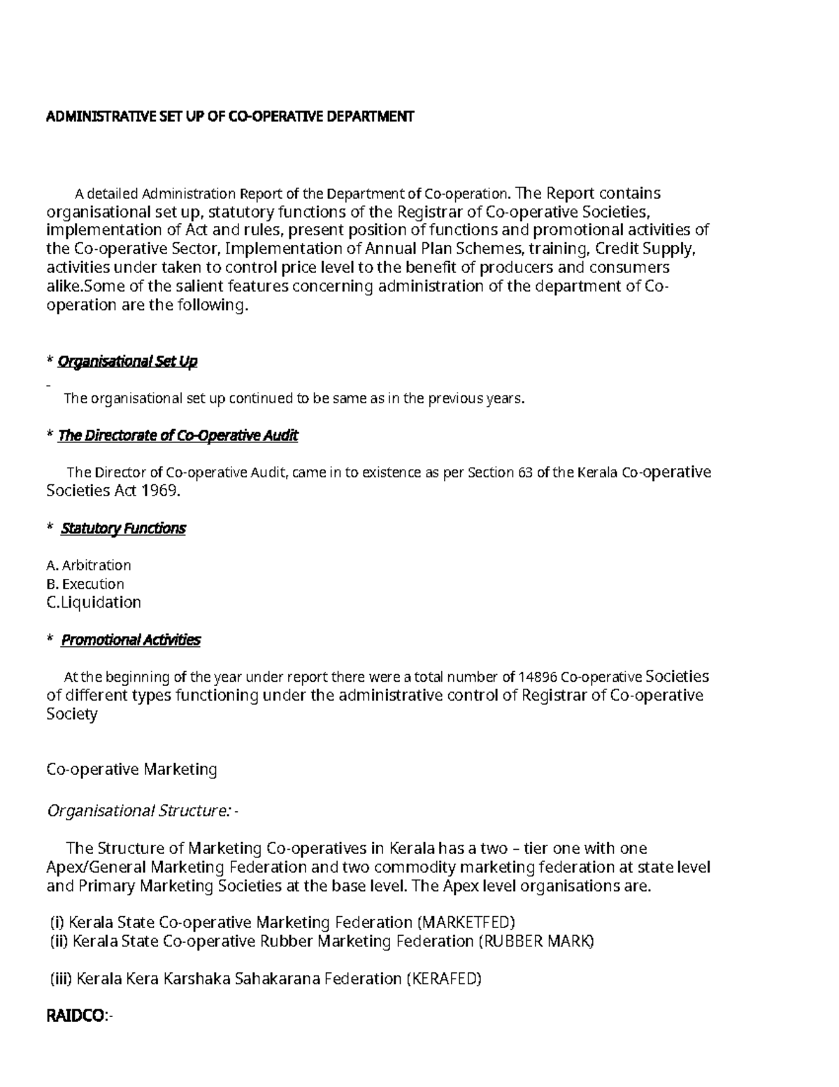 Administrative Report on Co-operative Department Structure - Studocu