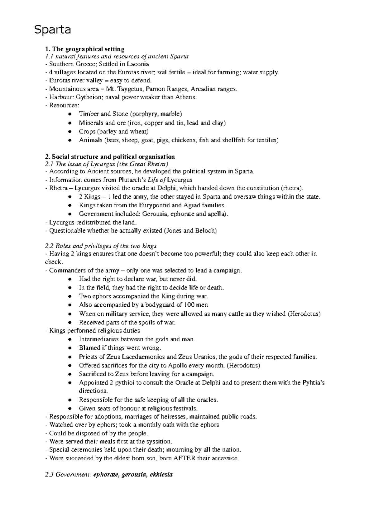 Ancient History (AH101) Half-Yearly Notes on Sparta's Geography and ...