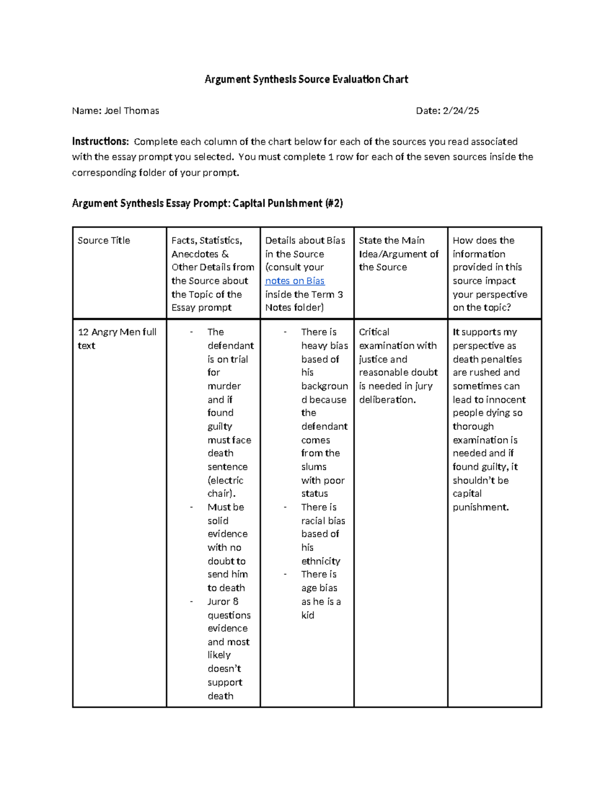 Argument Synthesis Source Evaluation Chart: Capital Punishment Analysis ...