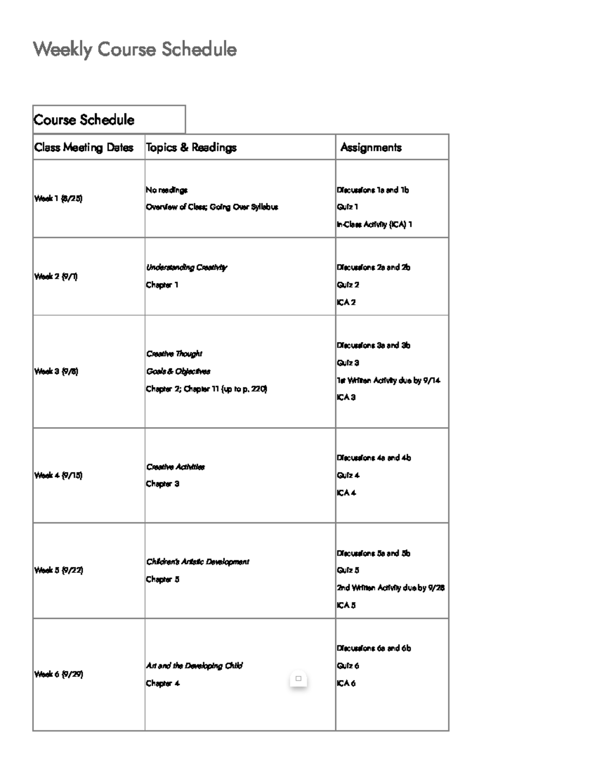 Weekly Course Schedule for CD 275-601: Creative Development - Studocu