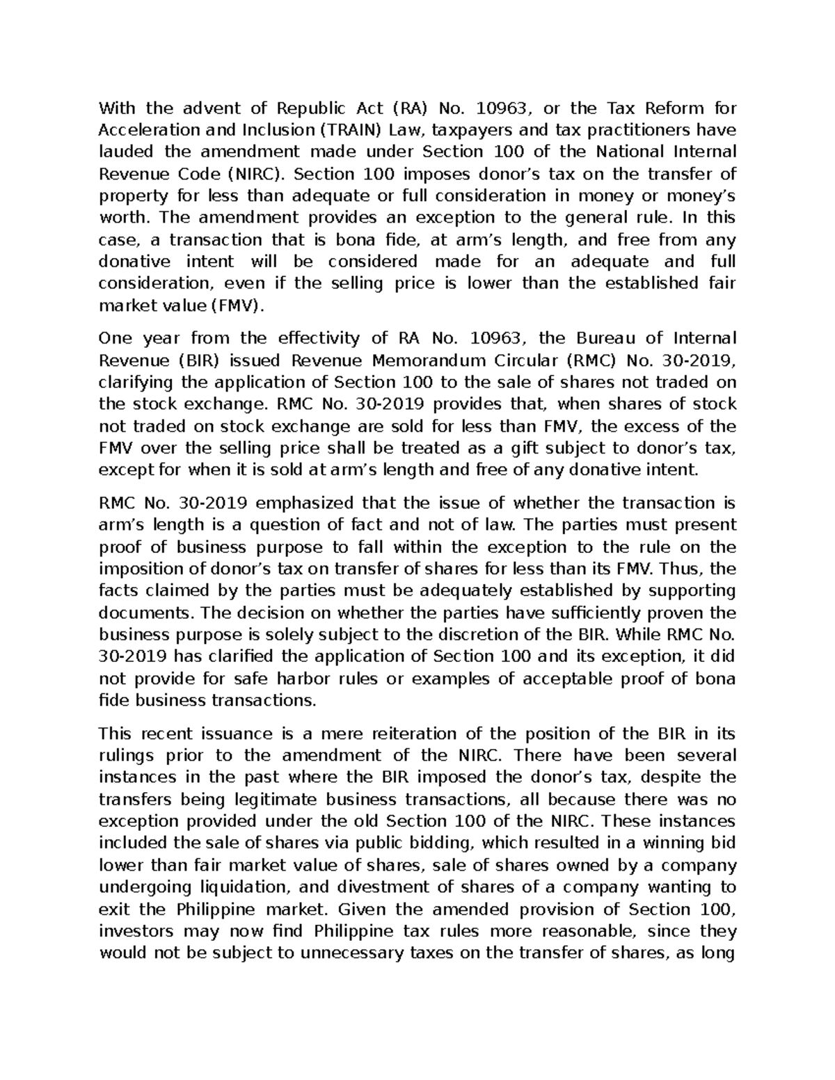 RA 10963: Implications of the TRAIN Law on Property Transfer Tax - Studocu