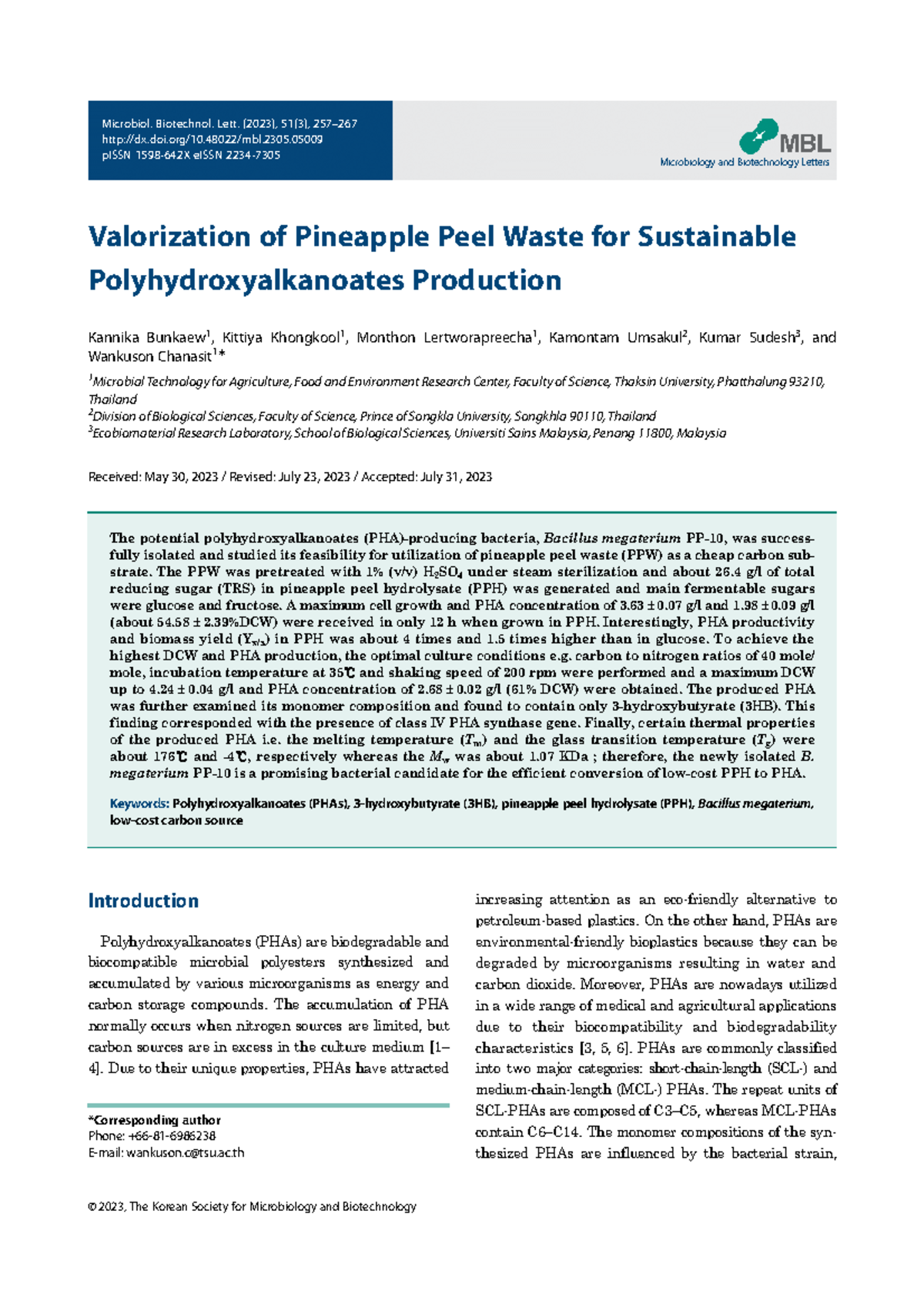 PHA Production from Pineapple Peel Waste (Microbiol. Biotechnol. Lett ...