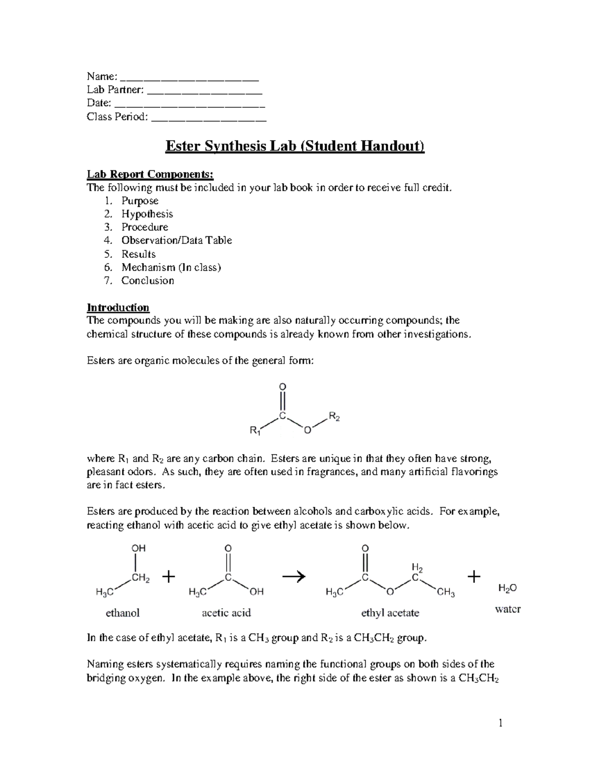 Ester Synthesis Lab Worksheet - Chem 101: Lab Report Guide - Studocu
