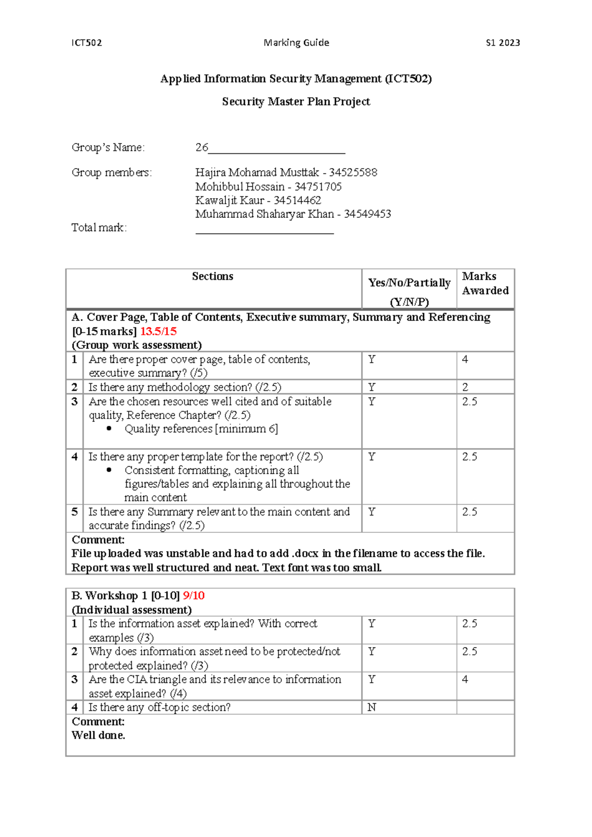 Master Plan Marking Guide for ICT502 Security Project Group 26 - Studocu