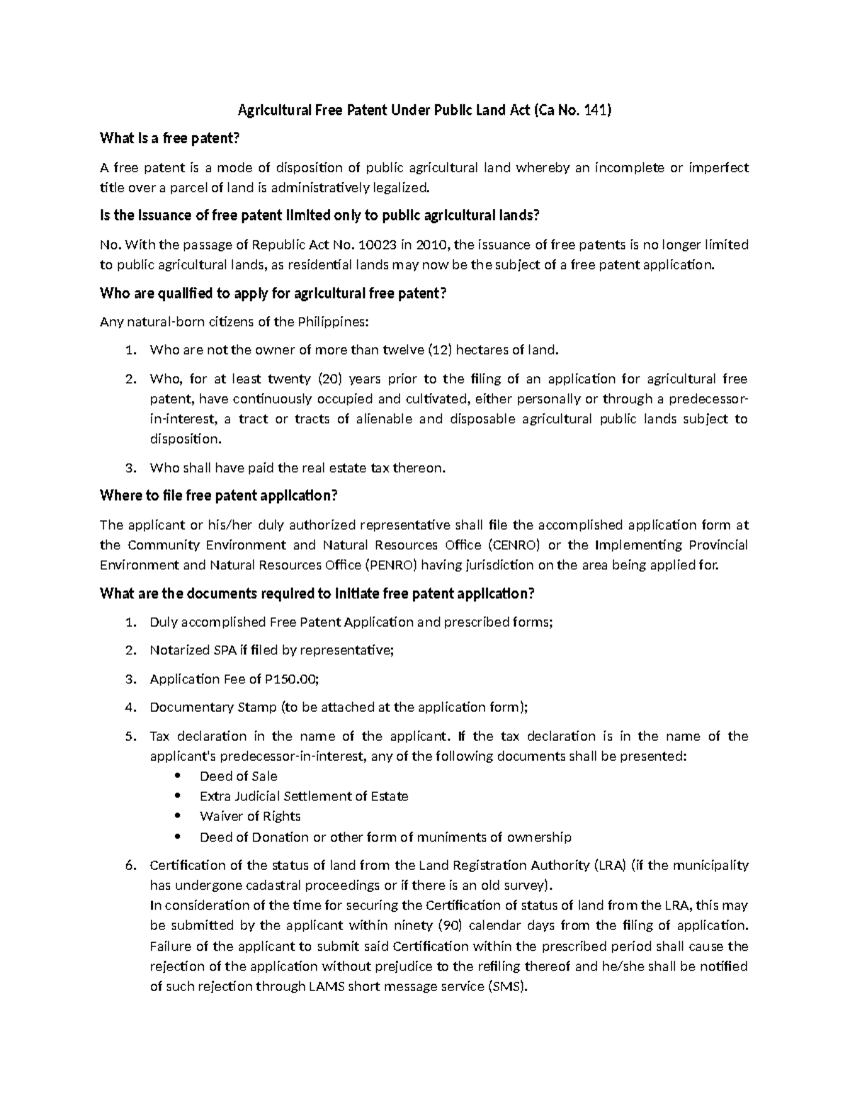 Agricultural Free Patent Application Process - CA141 Guide - Studocu