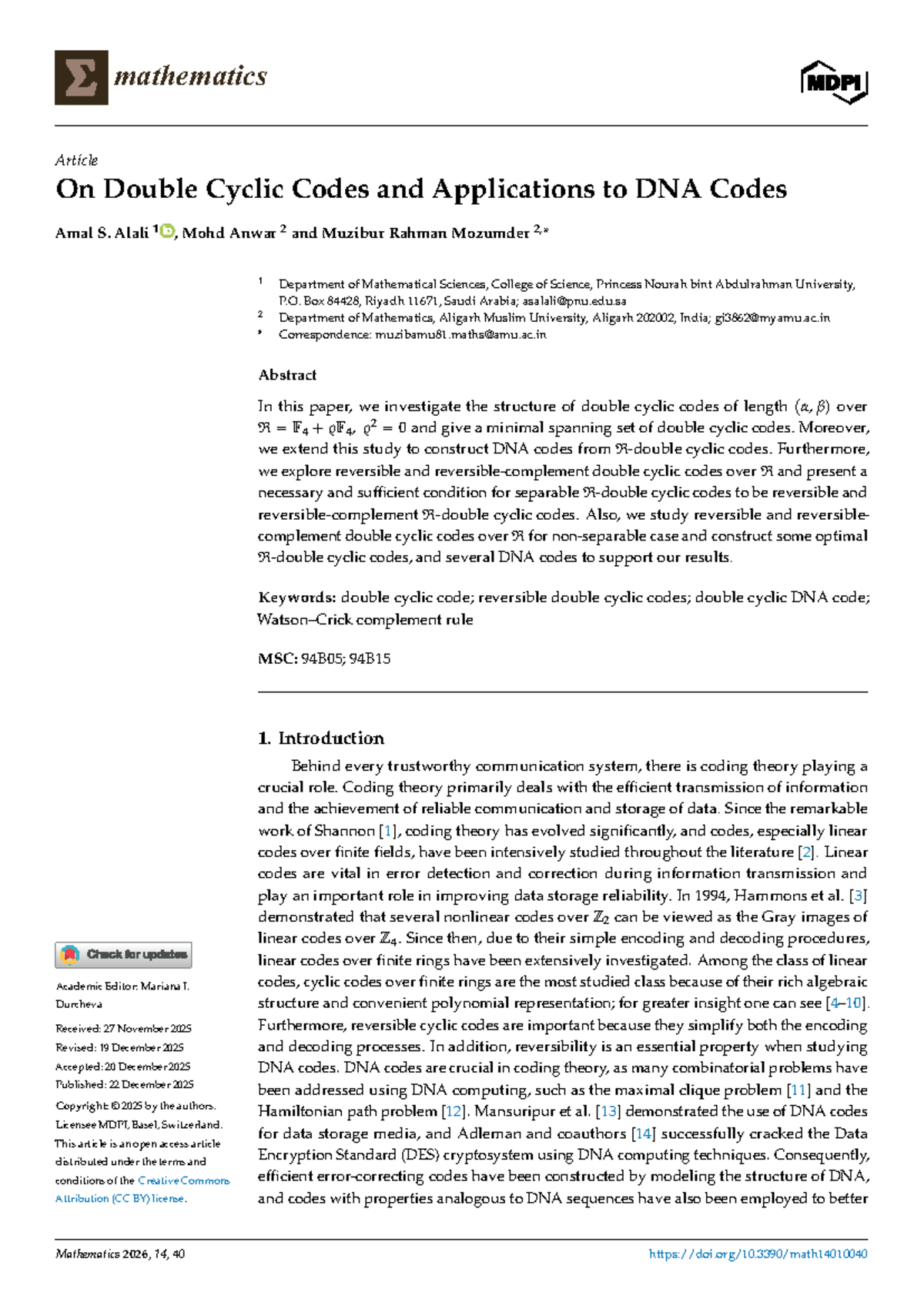 Mathematics 14: Double Cyclic Codes and Their Applications to DNA Codes ...