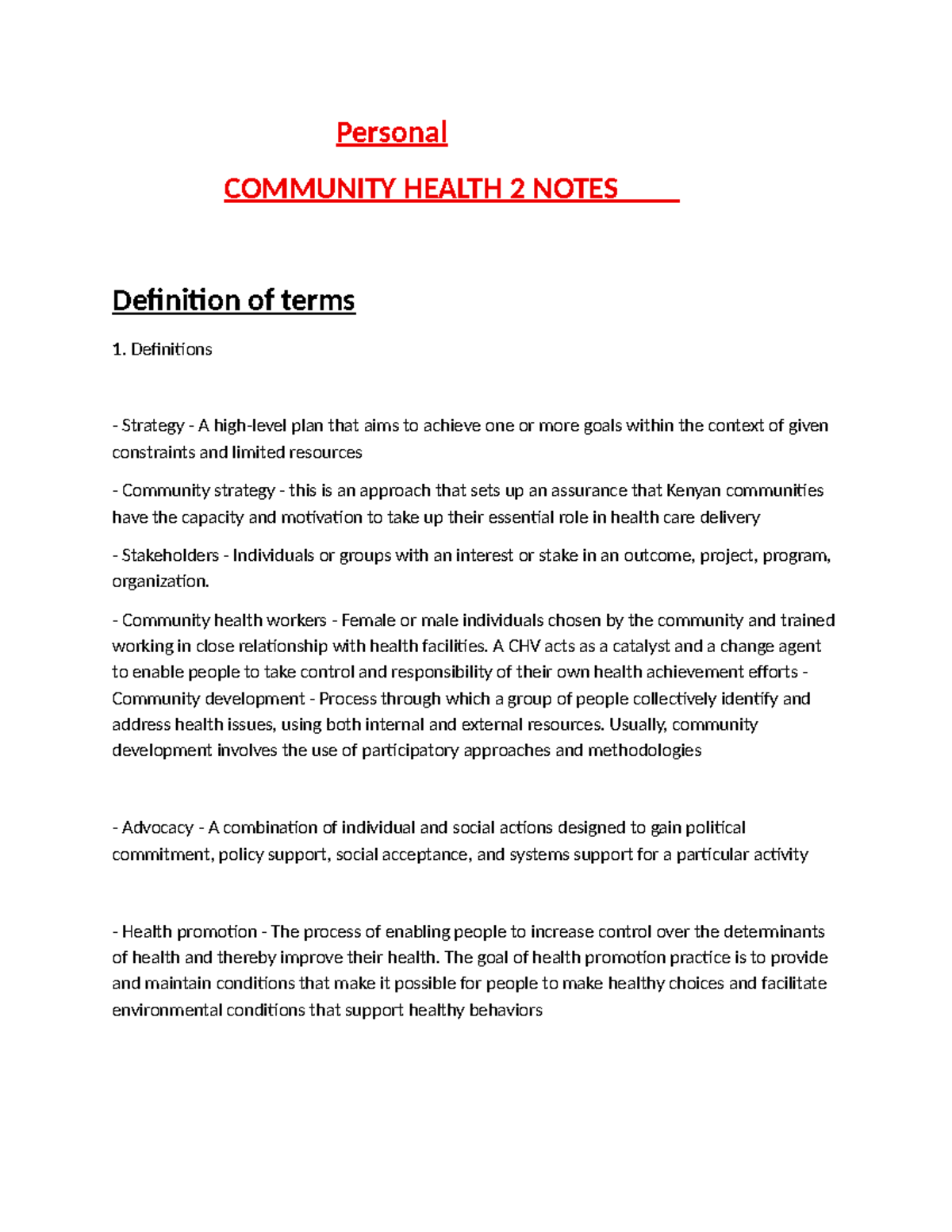 Community Health 2: Key Concepts and Definitions Notes - Studocu
