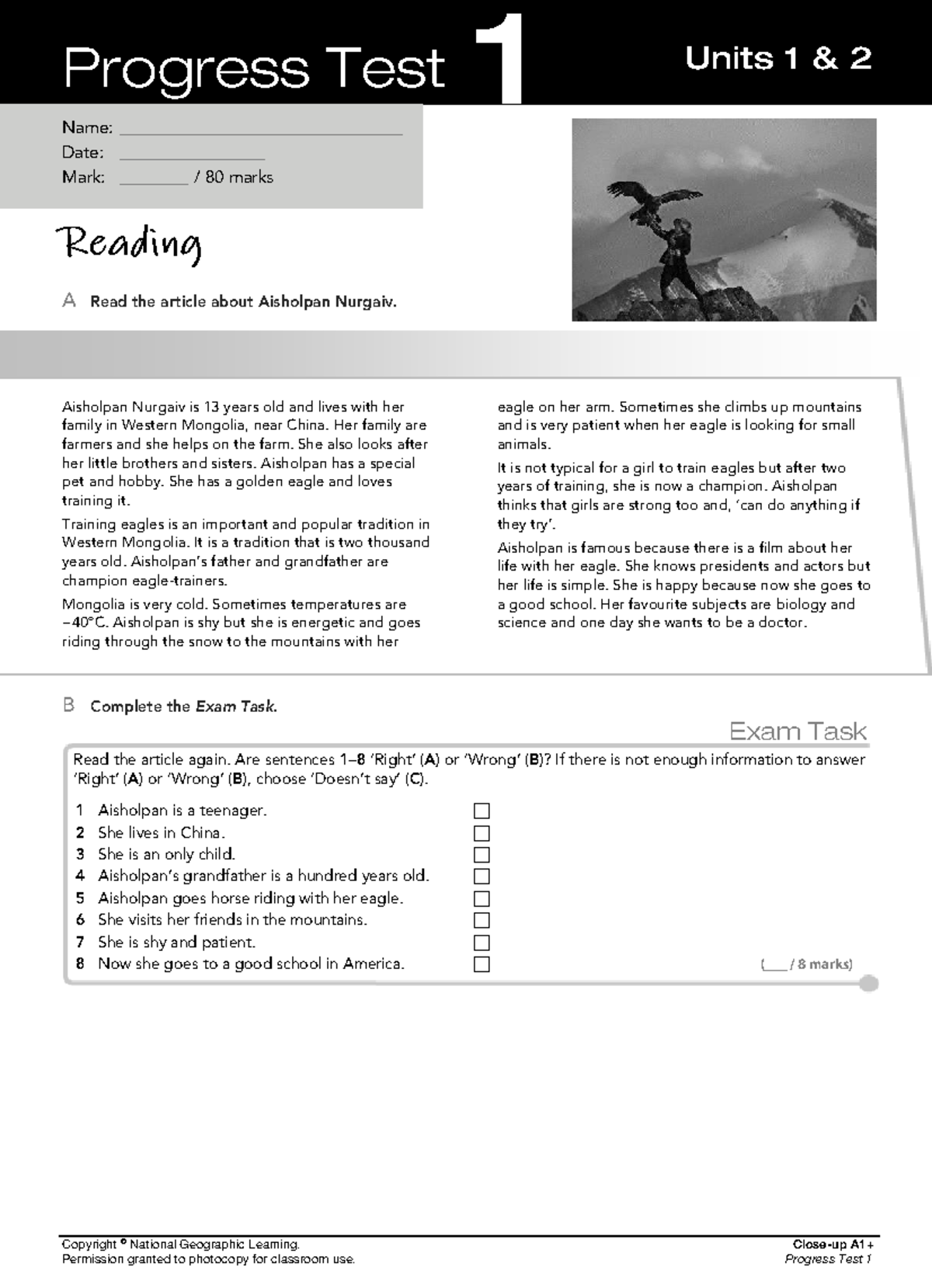 A1+ Progress Test 1: Reading, Vocabulary, and Writing Tasks - Studocu