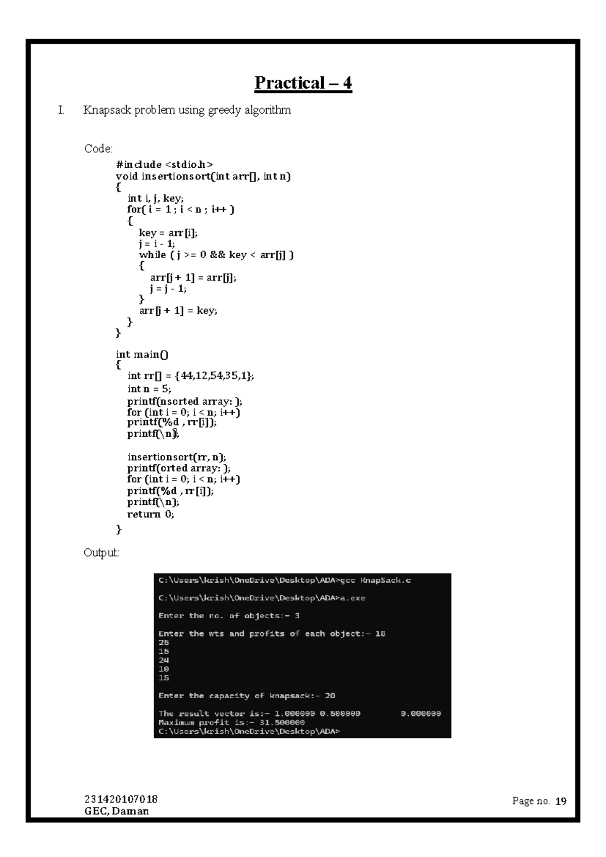 Knapsack Greedy Code in c - 231420107018 GEC, Daman Page no. 19 ...