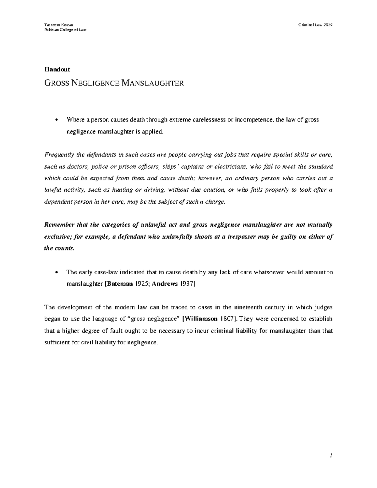 Criminal Law Notes: Gross Negligence Manslaughter (PCL) - Studocu
