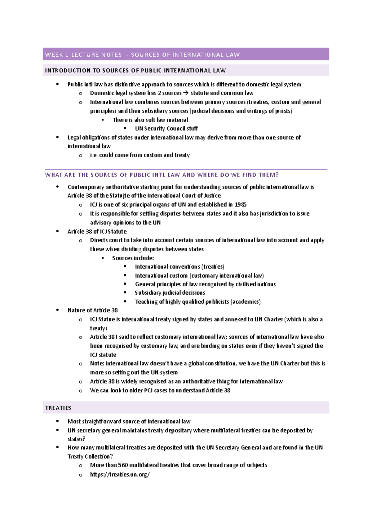 LAW101: Week 1 Lecture Notes on Sources of International Law - Studocu