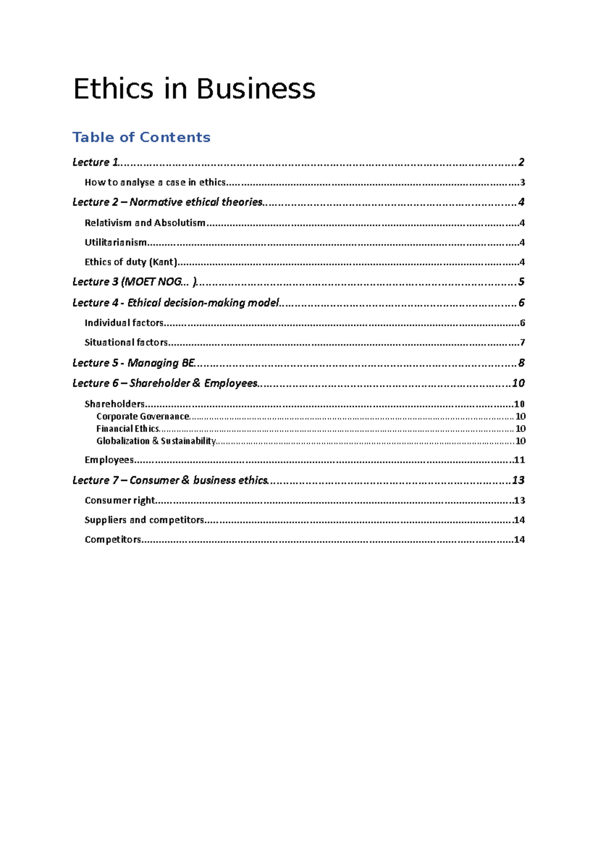 Ethics in Business (BUS 101) - Comprehensive Lecture Notes - Studeersnel