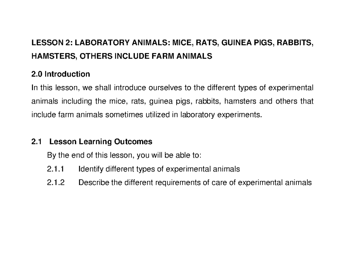 Lesson 2: Laboratory Animal Care - Mice, Rats, and More - Studocu