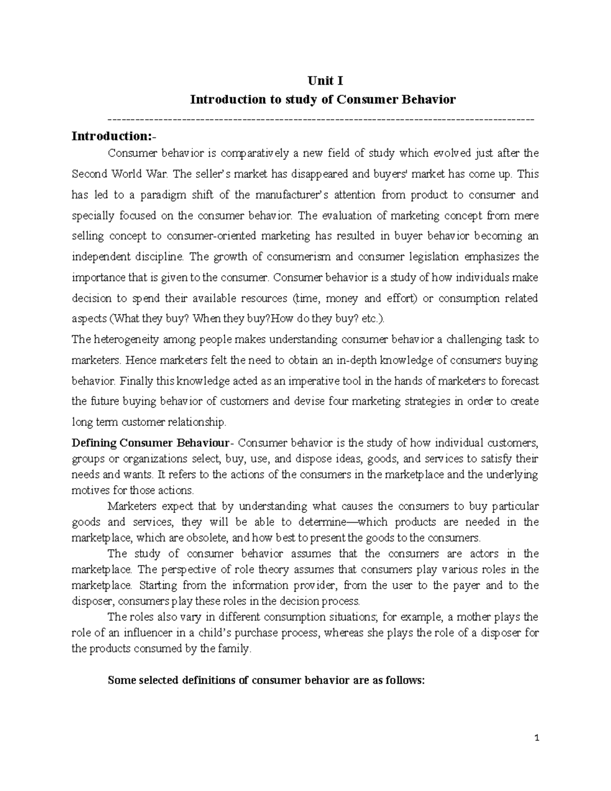 CB Unit consumer behavior - Unit I Introduction to study of Consumer ...