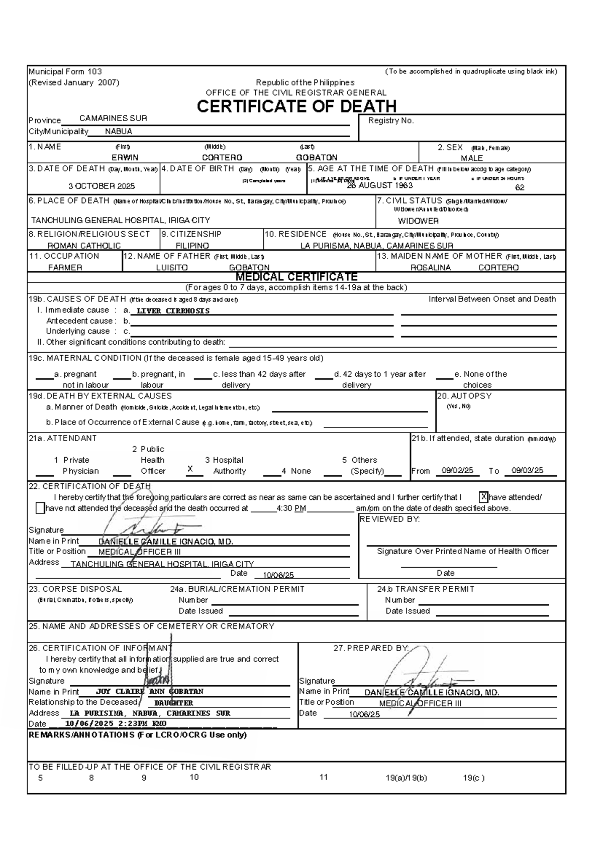 Certificate of Death - Municipal Form 103 (Revised 2007) - Studocu