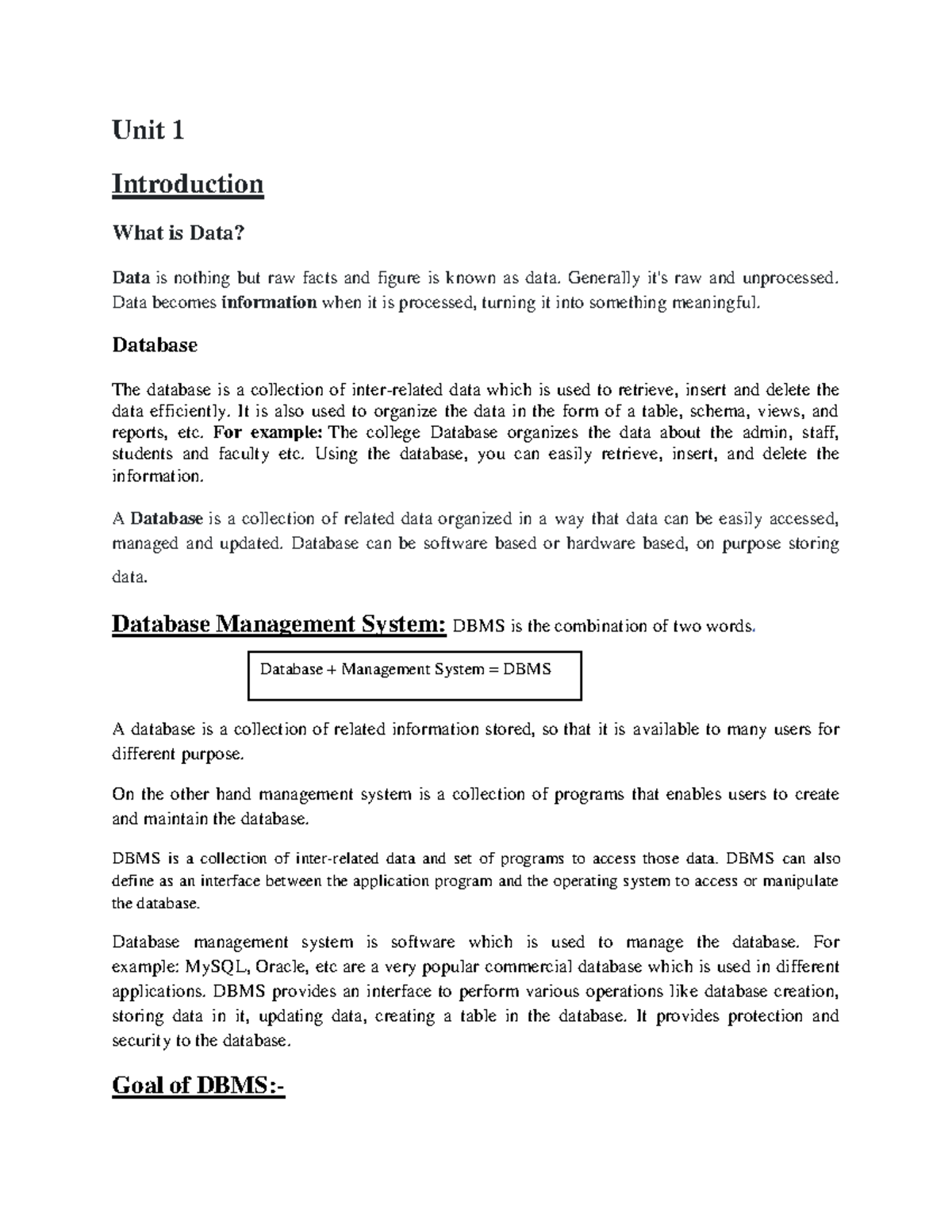 Dbms notes unit 1 - Abc - Unit 1 Introduction What is Data? Data is ...