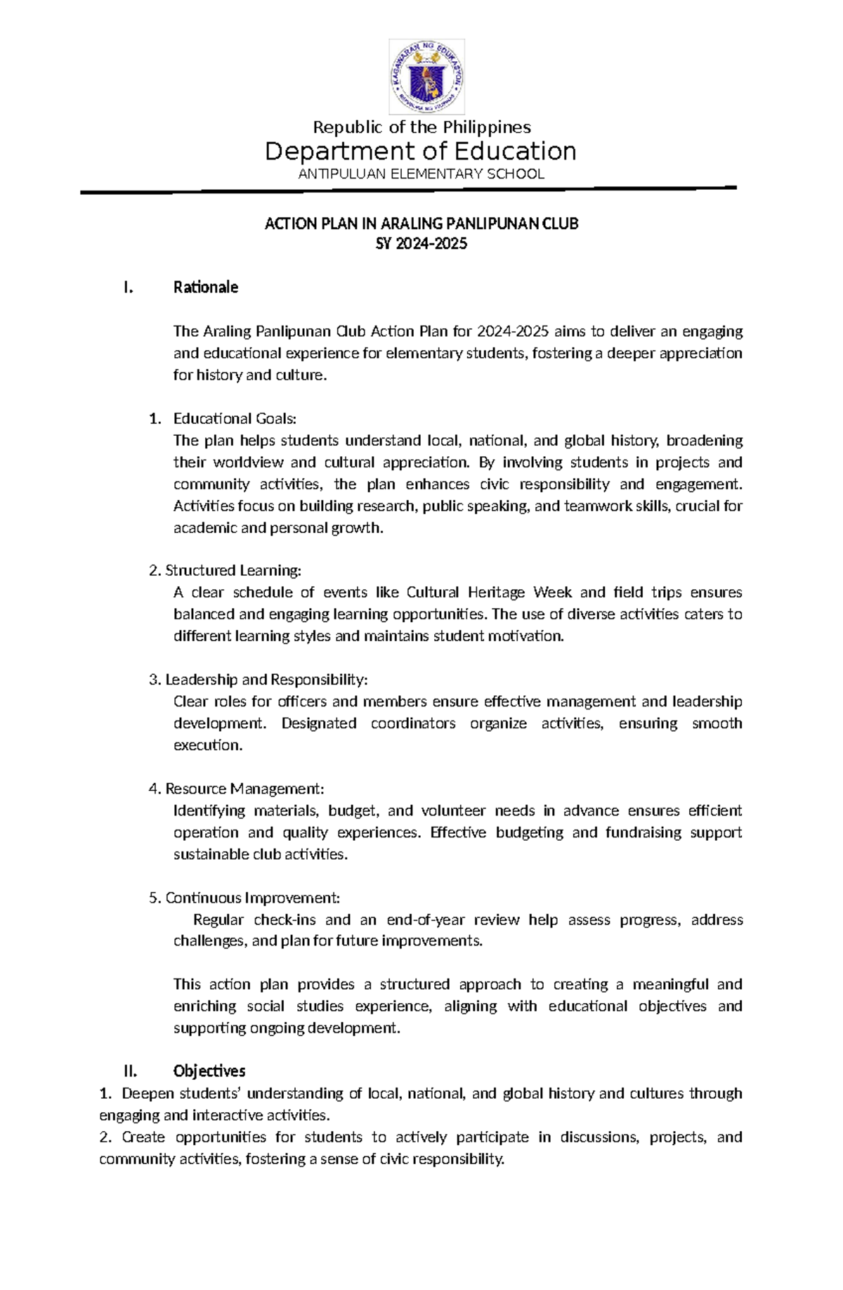 Action Plan for Araling Panlipunan Club SY 2024-2025 - Studocu