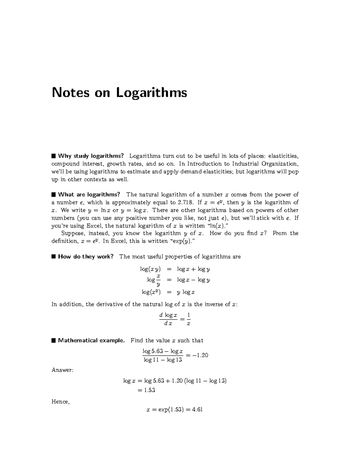 Review of Logarithms - LC Notes for Industrial Organization - Studocu