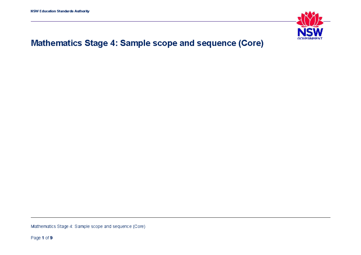 Mathematics Stage 4: Sample Scope and Sequence Overview (Core) - Studocu