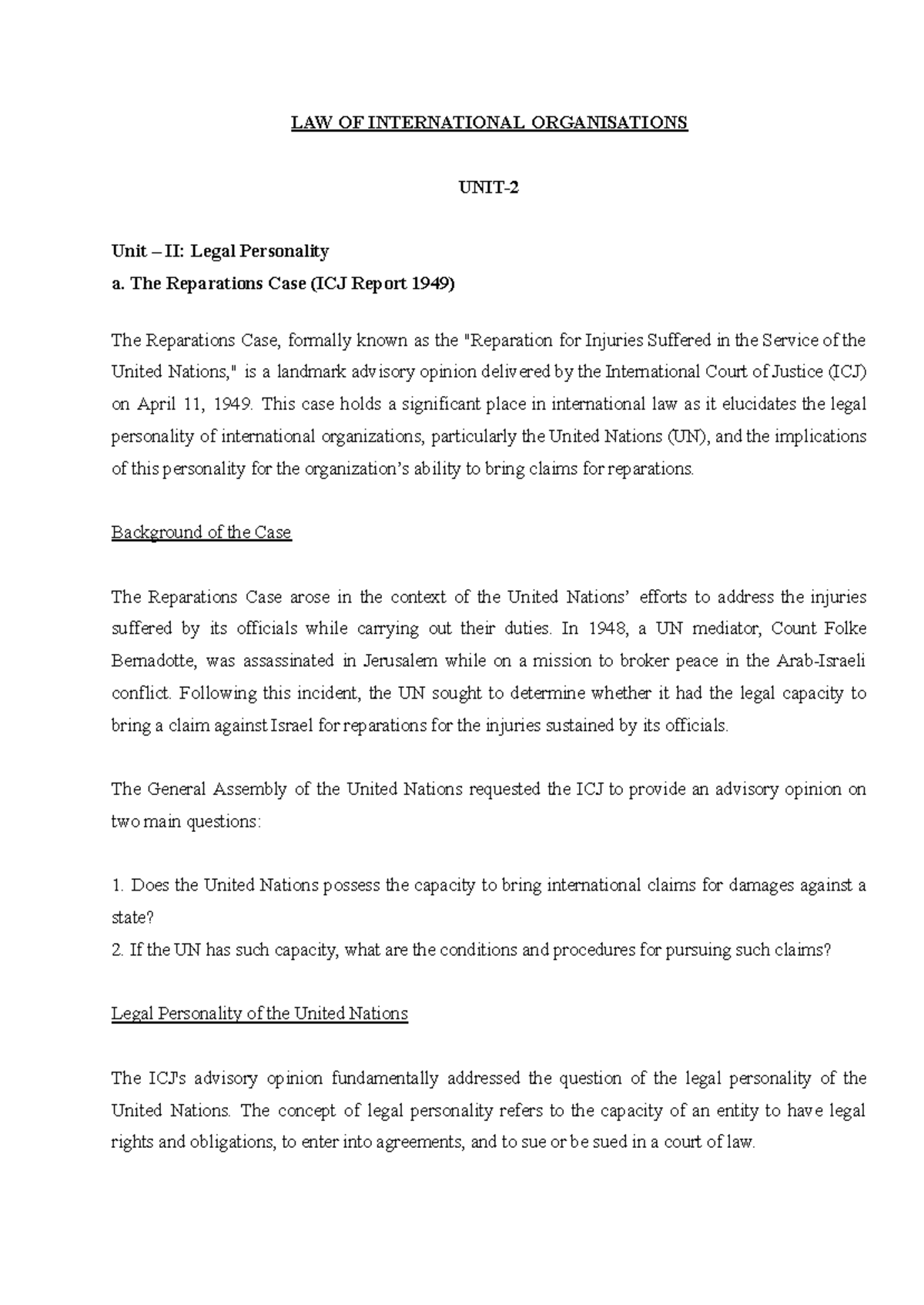 Reparations Case Analysis: Legal Personality of the UN (LAW-2) - Studocu