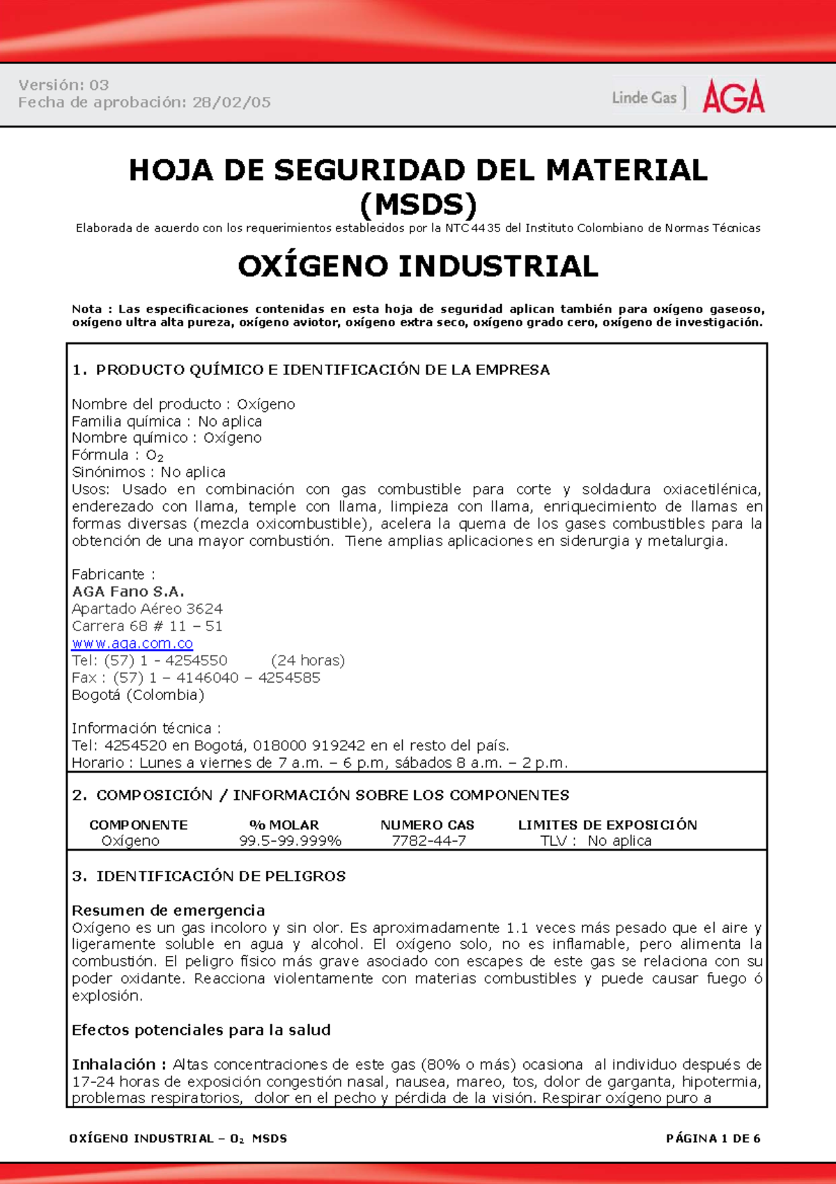 HOJA DE SEGURIDAD DEL MATERIAL (MSDS) OXÍGENO INDUSTRIAL O2 - Studocu